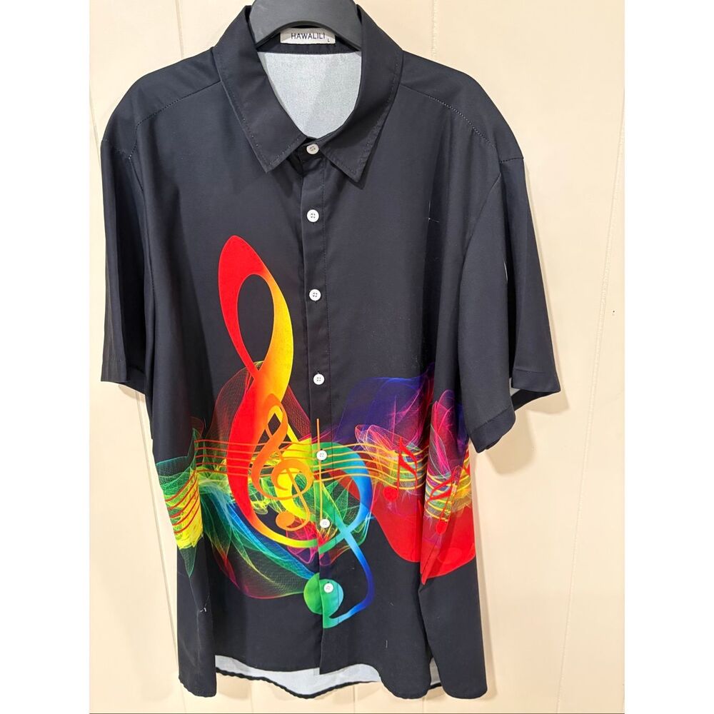 Hawalili Mens Shirt, size Large, Music Theme, Short Sleeves